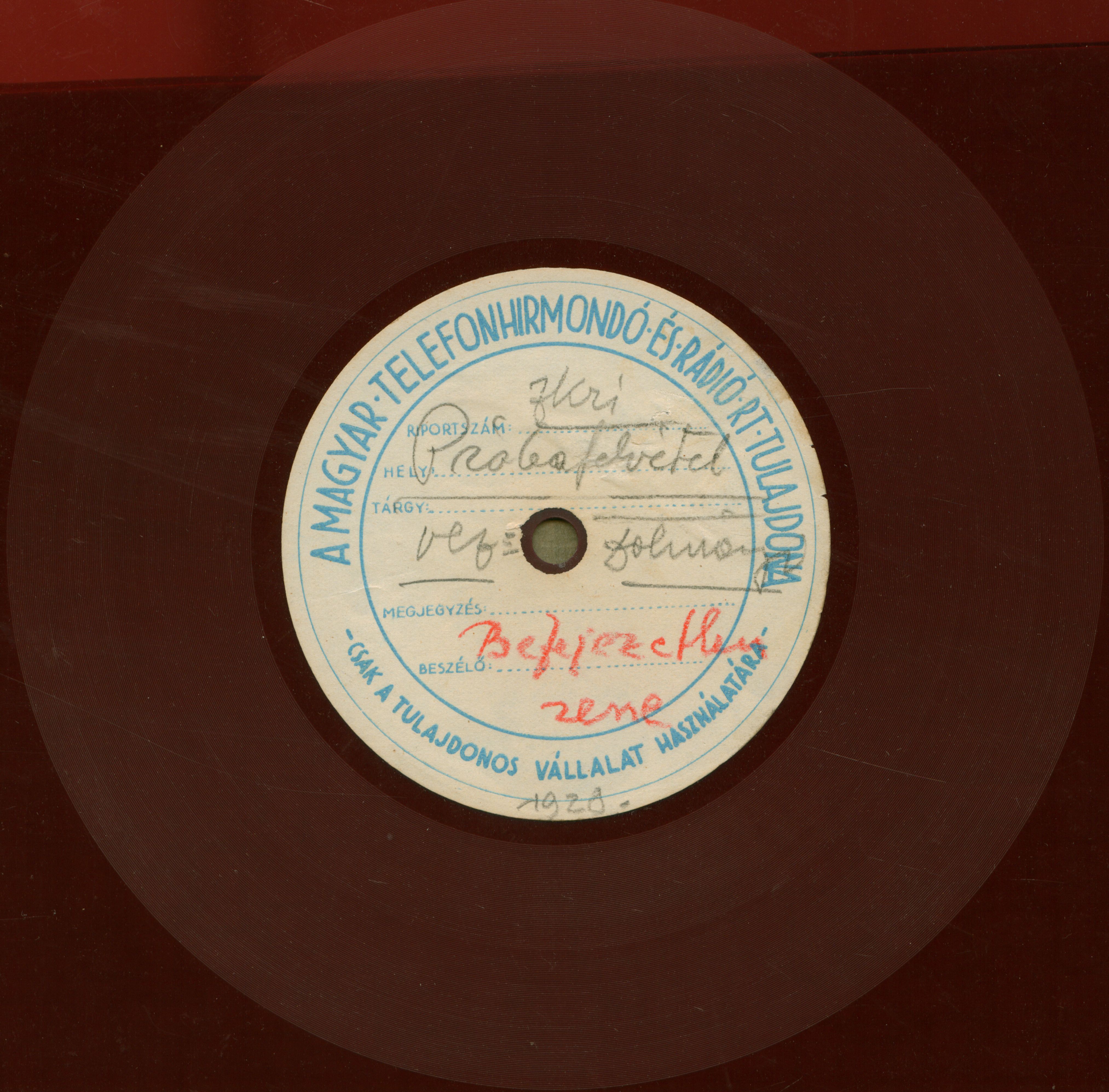 [Magyar Rádió próbafelvétele. 1928. Bp.]